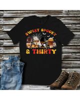 Sweet Spooky Thirty 30th Birthday Shirt Pumpkin Spice Latte Shirt Unisex Standard T-Shirt black s